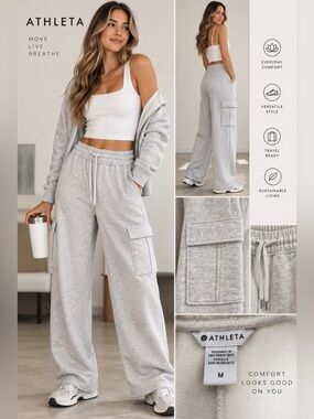 Athleta Women’s M Gray Heather Cargo Sweatpants Joggers Elastic Waist Pockets